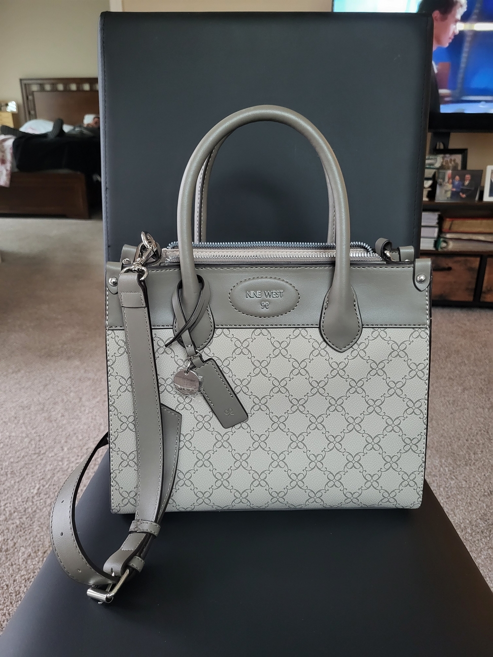 Nine West Gray Patterned Satchel with Detachable Strap